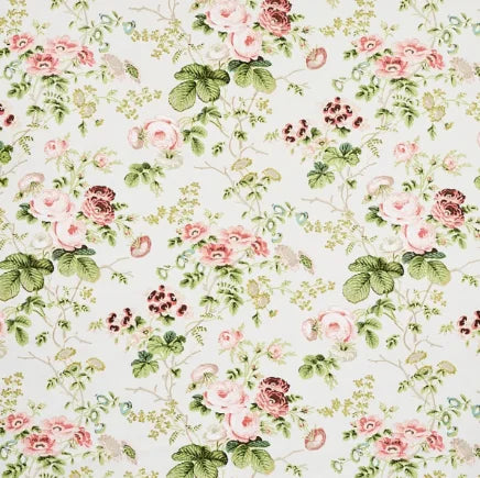 Floral pattern with pink roses and green leaves on a white background
Salisbury Chintz – Floral Cotton Fabric - blush
Floral Cotton Fabric