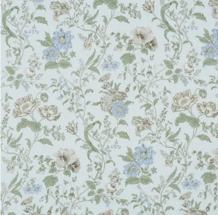 Floral-patterned wallpaper with blue and green flowers on a light blue background
Giselle Floral Fabric