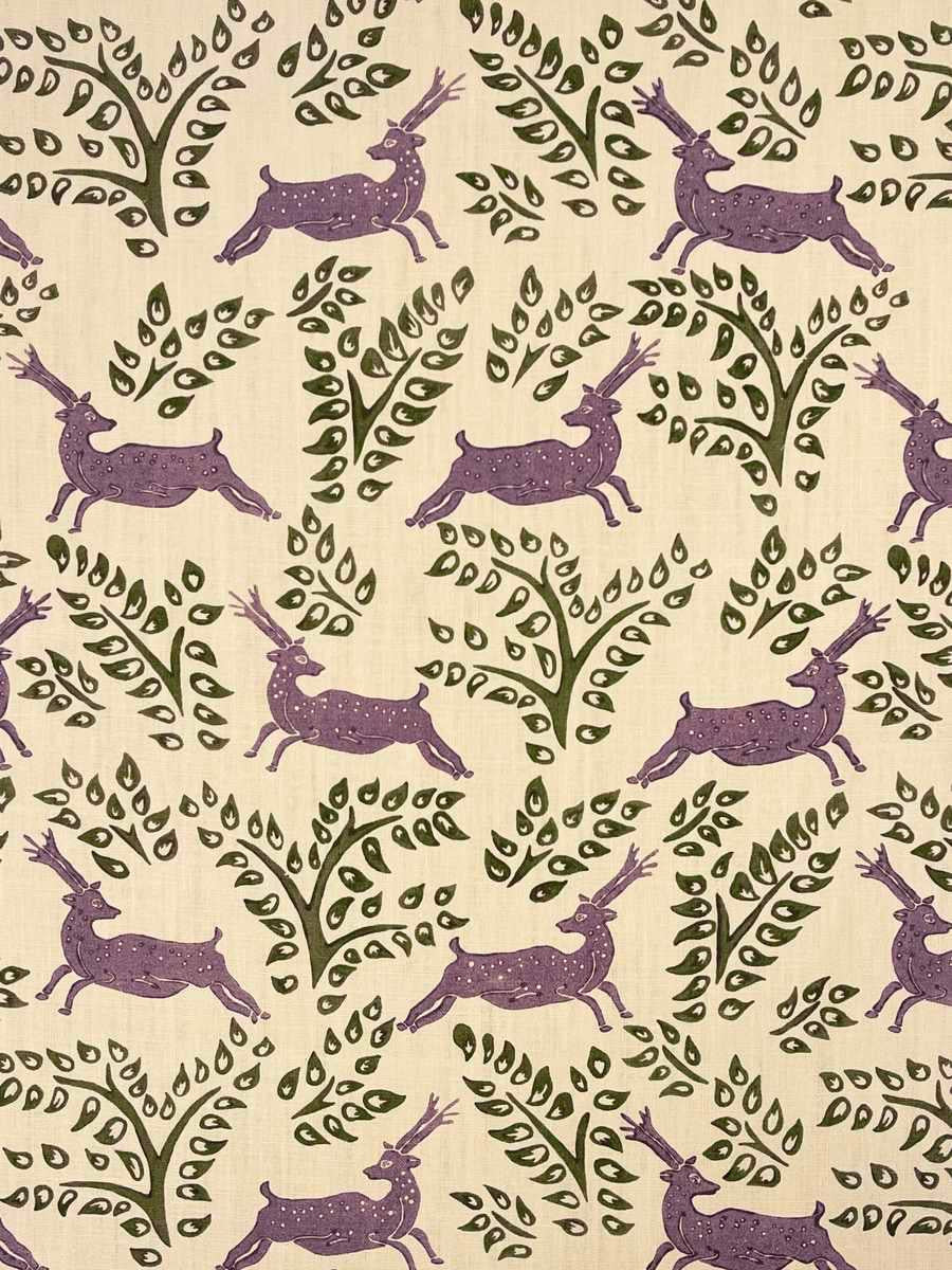 Deer Deer Linen Fabric – Classic Deer Motif, Lavender / Purple, Green