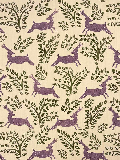Deer Deer Linen Fabric – Classic Deer Motif, Lavender / Purple, Green