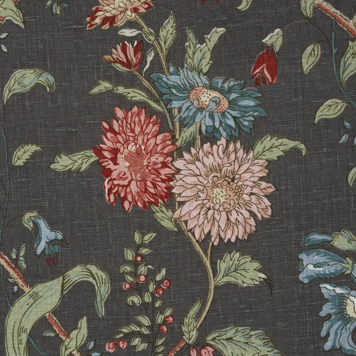 Giselle Floral Fabric – Romantic Clematis & Poppy Linen, Noir