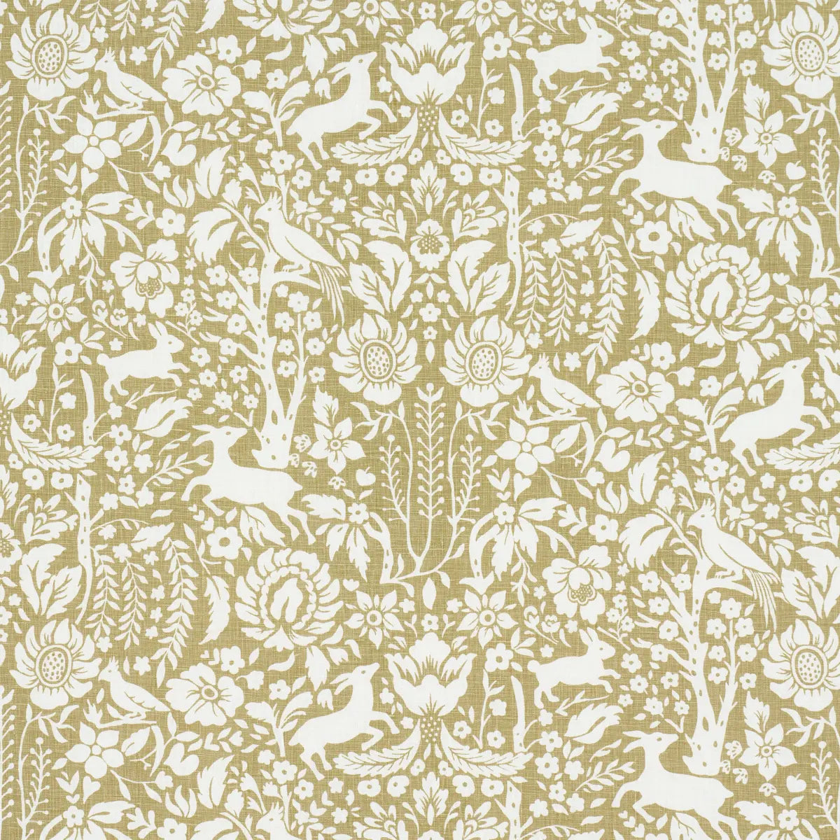 Deerfield Fabric – Hand-Painted Woodland Critters 100% Linen, Moss