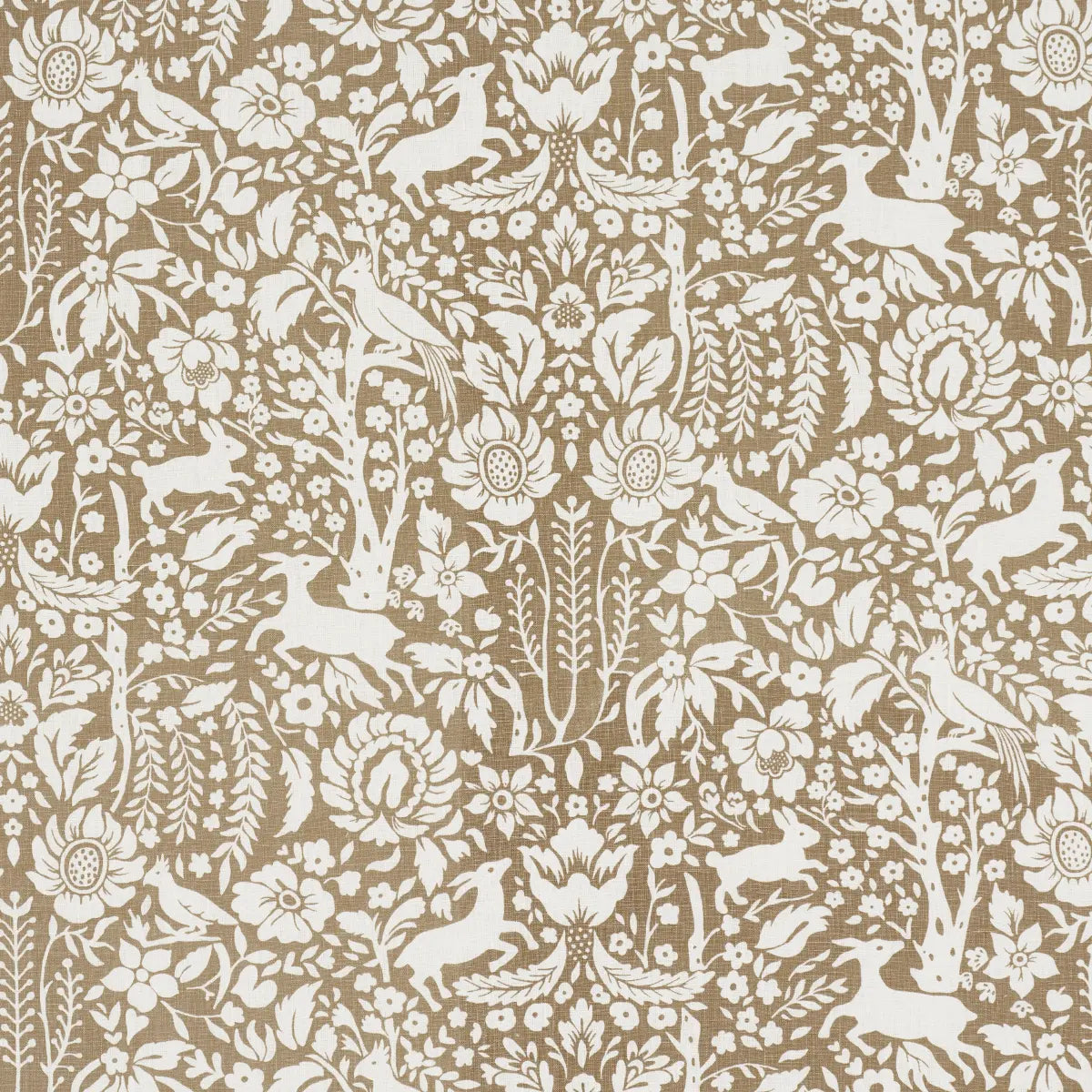 Deerfield Fabric – Hand-Painted Woodland Critters 100% Linen, Mocha