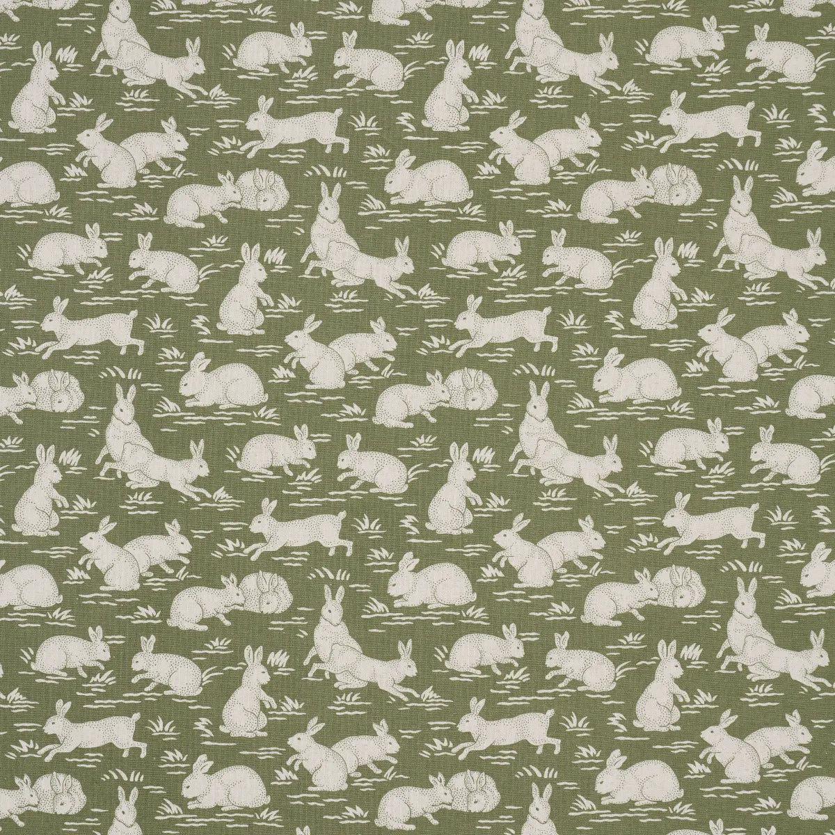 Cottontails Fabric – Belgian Cotton-Linen with Woodland Rabbit Pattern, Moss