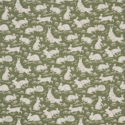 Cottontails Fabric – Belgian Cotton-Linen with Woodland Rabbit Pattern, Moss