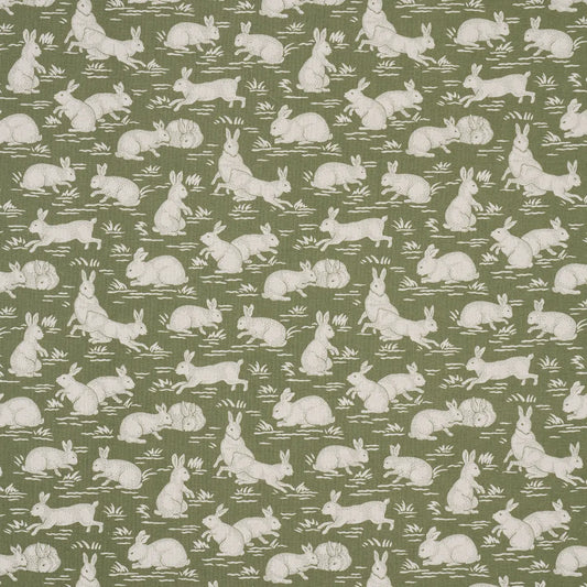 Cottontails Fabric – Belgian Cotton-Linen with Woodland Rabbit Pattern, Moss
