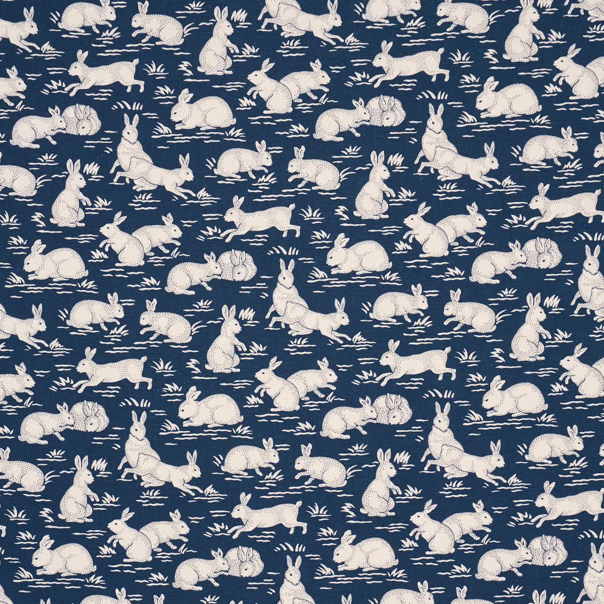 Cottontails Fabric – Belgian Cotton-Linen with Woodland Rabbit Pattern, Indigo