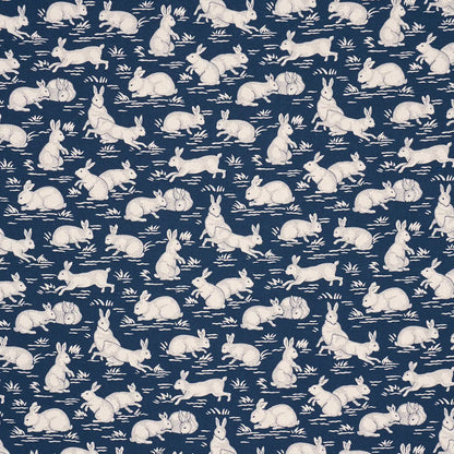 Cottontails Fabric – Belgian Cotton-Linen with Woodland Rabbit Pattern, Indigo