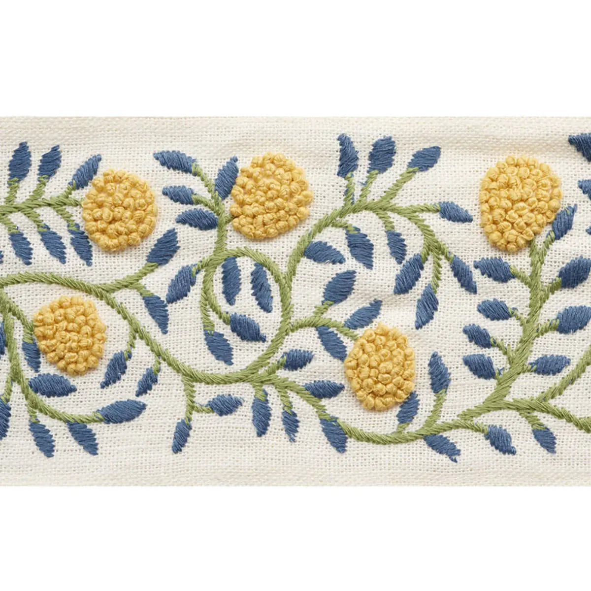Ashoka Tape – Winding Embroidered Floral Trim, Citron & blue