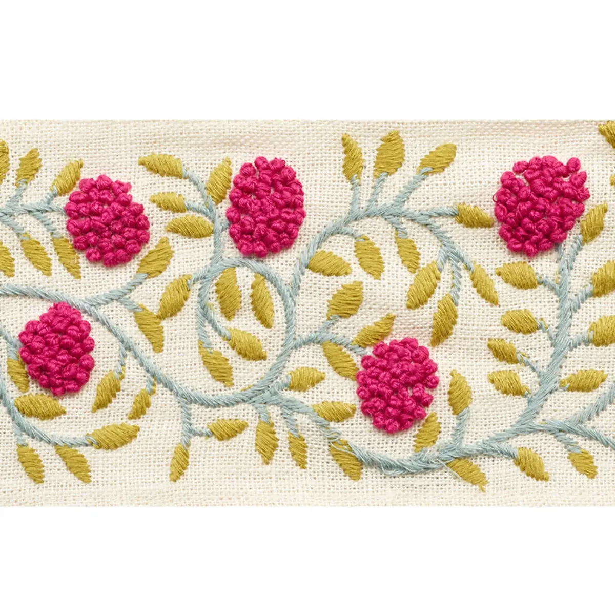 Ashoka Tape – Winding Embroidered Floral Trim, Magenta & leaf