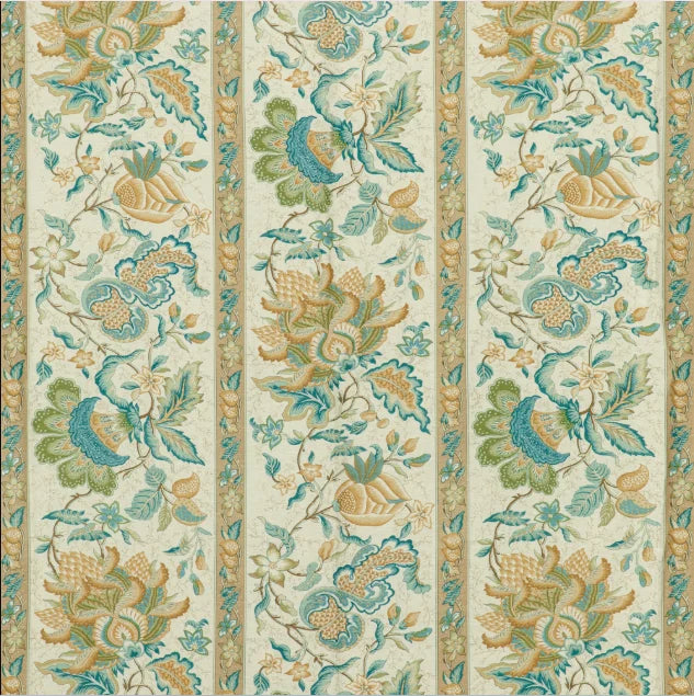 Decorative fabric with floral pattern in beige, green, and blue on a beige background
Montflours Print Linen & Cotton Fabric - Aqua