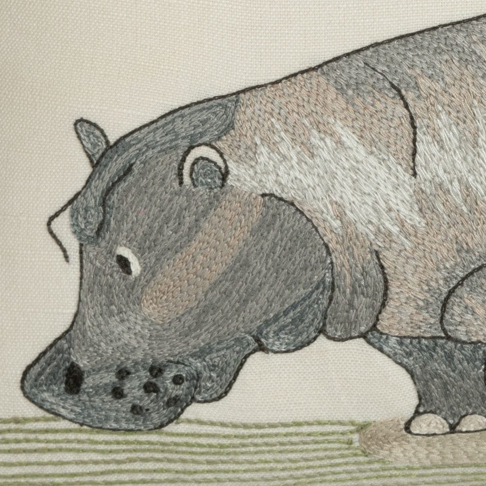 Piggy Back the Hippo Cushion -  Embroided Linen-cotton Pillow