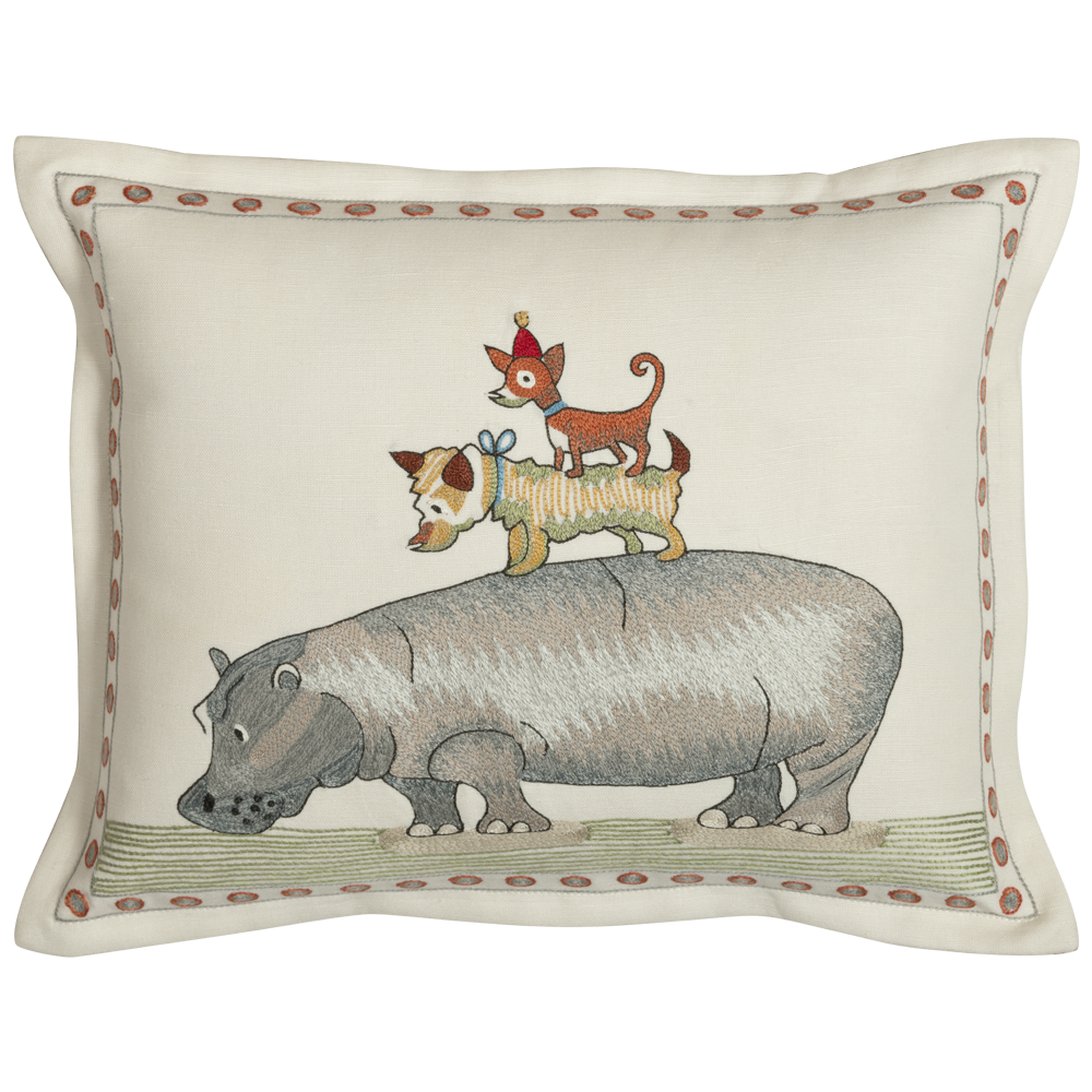 Piggy Back the Hippo Cushion -  Embroided Linen-cotton Pillow, Piggy Back the Hippo