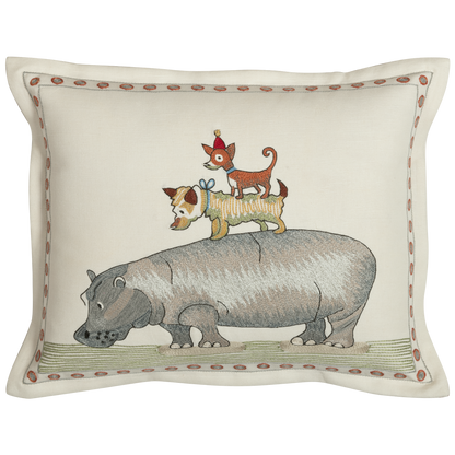 Piggy Back the Hippo Cushion -  Embroided Linen-cotton Pillow, Piggy Back the Hippo