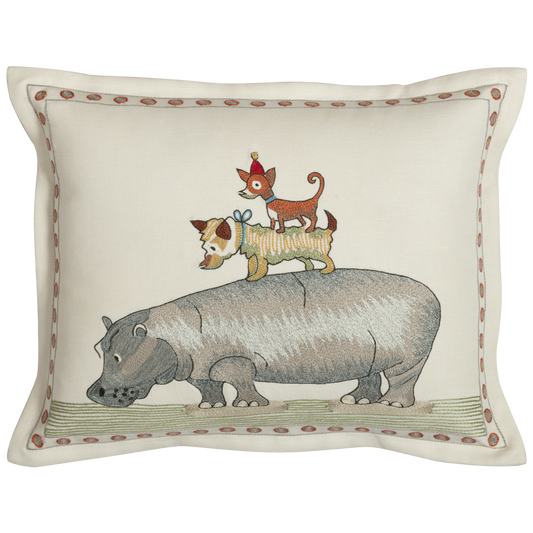 Piggy Back the Hippo Cushion -  Embroided Linen-cotton Pillow, Piggy Back the Hippo