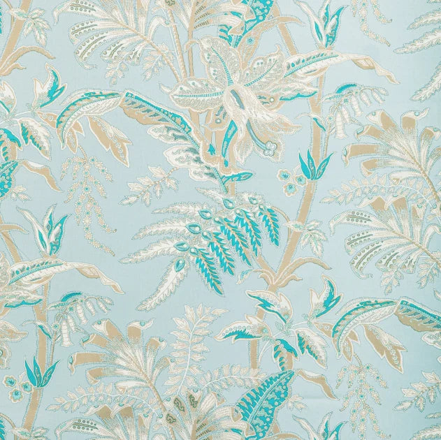 Patterned fabric with green and beige leaves on a light blue 
Seychelles Cotton Print Fabric - dove
Coton Fabric