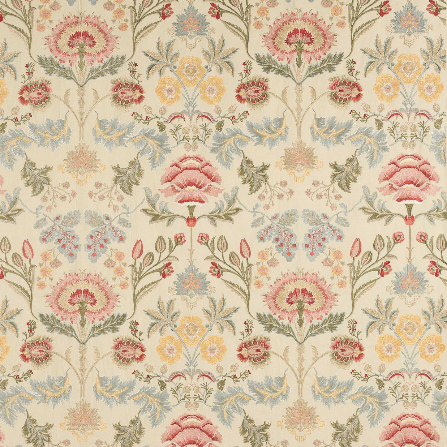 Dianthus Red & Green Floral Embroidered Fabric Cowtan and Tout