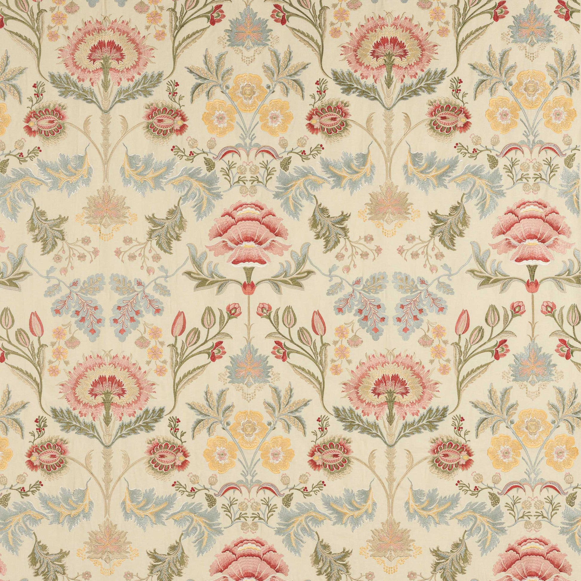 Dianthus Red & Green Floral Embroidered Fabric Cowtan and Tout
