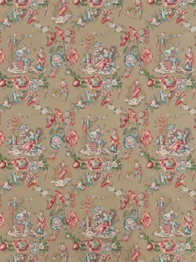 Vintage-style fabric pattern with classical scenes and floral elements on a beige background
Musiciens Chinois Printed Cotton