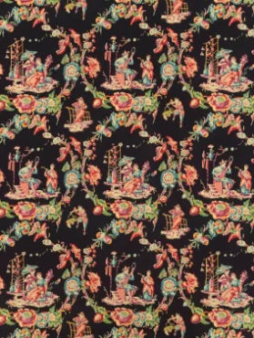 Decorative fabric pattern with colorful characters and flowers on a black background
Musiciens Chinois Printed Cotton