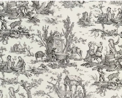 Patterned fabric with black and white designs of people, animals, and landscapes.
Satin Coutances Positif Printed Cotton