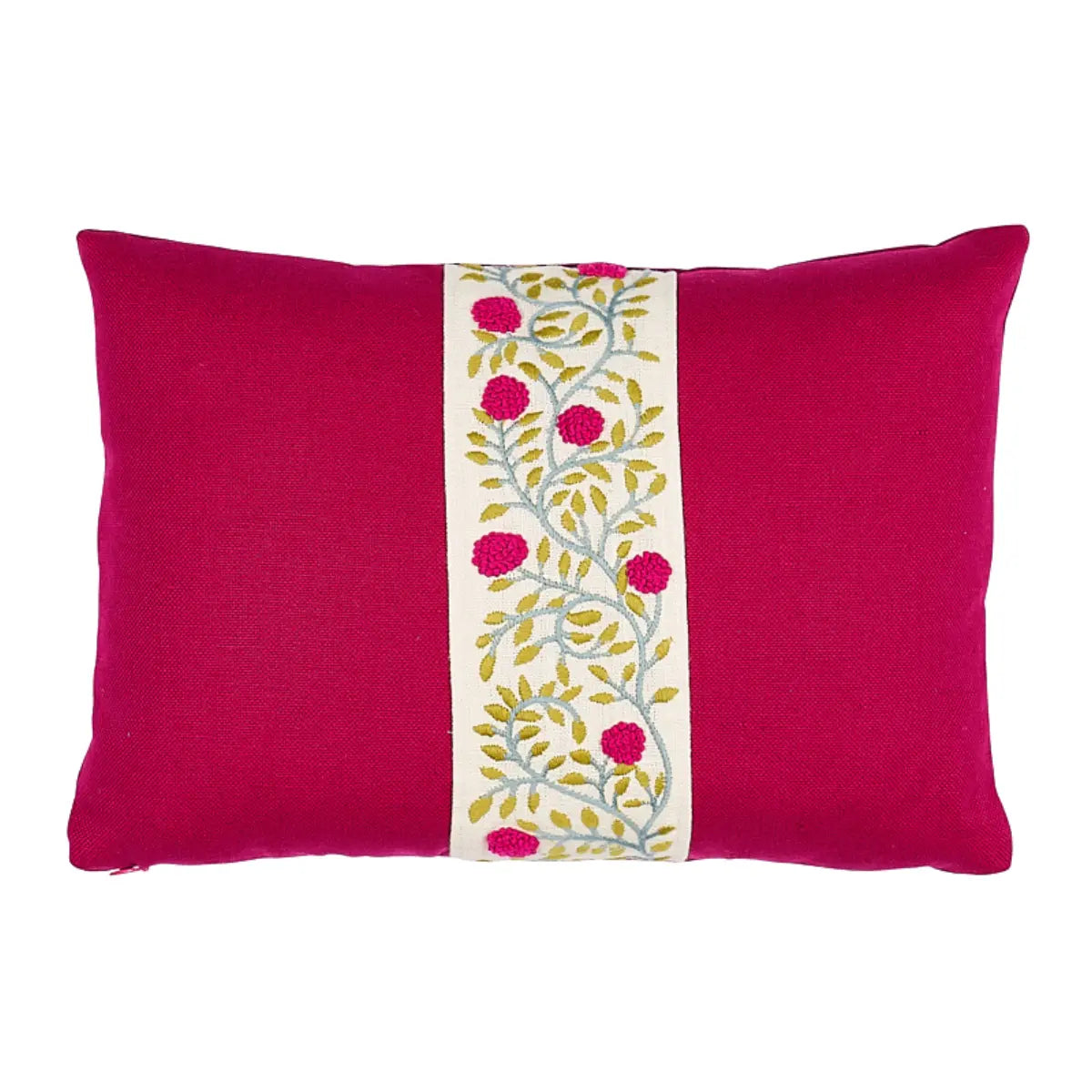 Ashoka Embroidered Tape Pillow, Magenta & Leaf