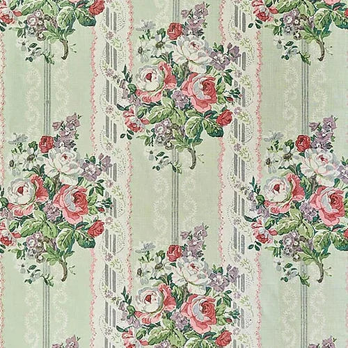 Westminster Handblock Fabric – Heritage Floral & Stripe Linen, Green
Vintage-style floral pattern with pink and white flowers on a light green 