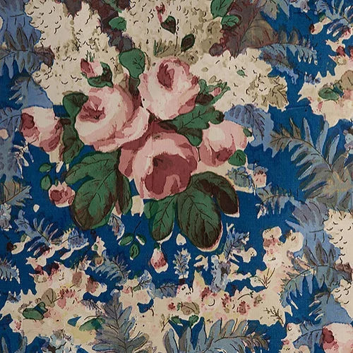 Rose & Fern Hand-Block 100% Cotton Chintz Fabric, Blue