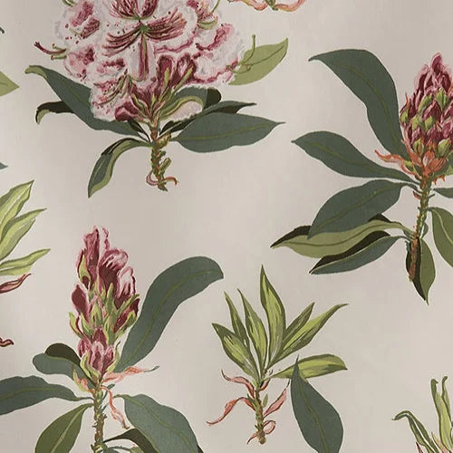 Floral and leaf pattern on a beige Rhododendron Sprig Fabric – 100% Cotton Chintz