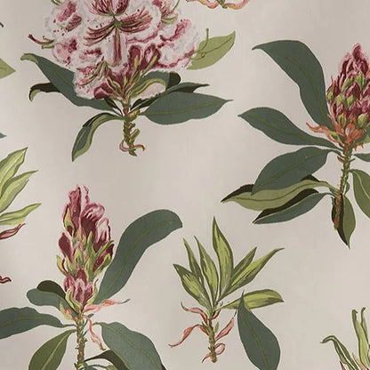 Floral and leaf pattern on a beige Rhododendron Sprig Fabric – 100% Cotton Chintz