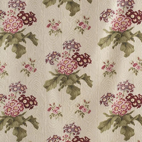 Polyanthus Fabric – 100% Cotton Chintz, Yellow, Pink, Red
Floral patterned fabric with pink, purple, and green flowers on a beige 