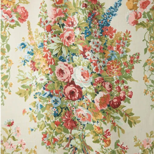 Floral patterned fabric with colorful flowers on a beige background
Apperley Bouquet Handblock