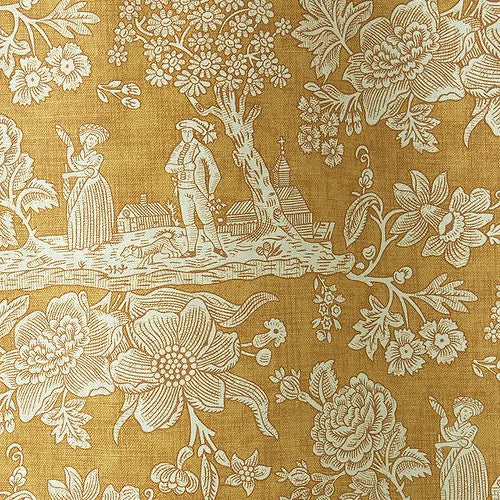 Vintage-style floral and landscape pattern on a yellow fabric 
Cecelia Toile Fabric, Gold, Yellowbackground
