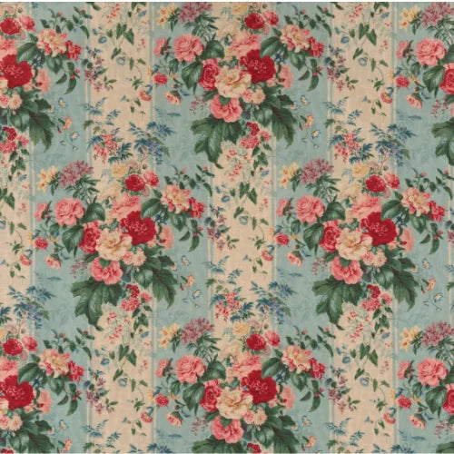 Vintage-style floral pattern with red, pink, and green flowers on a light blue background.
Mortefontaine Printed Cotton, Bleu Vert