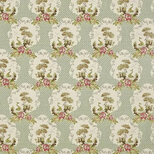 Floral patterned fabric with pink roses and green leaves on a light green background
Le Dauphin Printed Cotton – Trianon