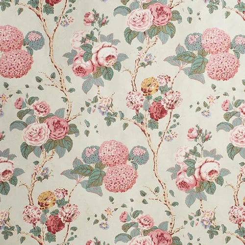 Hydrangea & Rose Fabric – 100% Cotton Chintz, Yellow, Aqua / Teal, Red