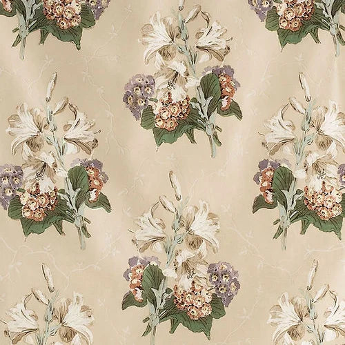 Floral pattern with lilies and hydrangeas on a beige background
Lily & Auricula Handblock Fabric
Cotton Floral Fabric