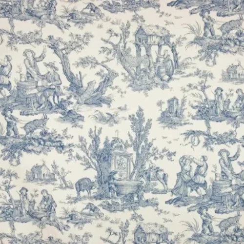 Patterned fabric with blue and white designs of people and nature on a beige background
Satin Coutances Positif Printed Cotton
