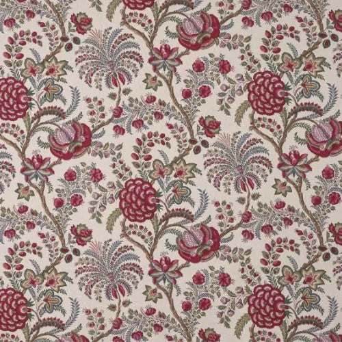 Floral patterned fabric with red and green flowers on a beige background
Pontchartrain Printed Cotton – Garance
