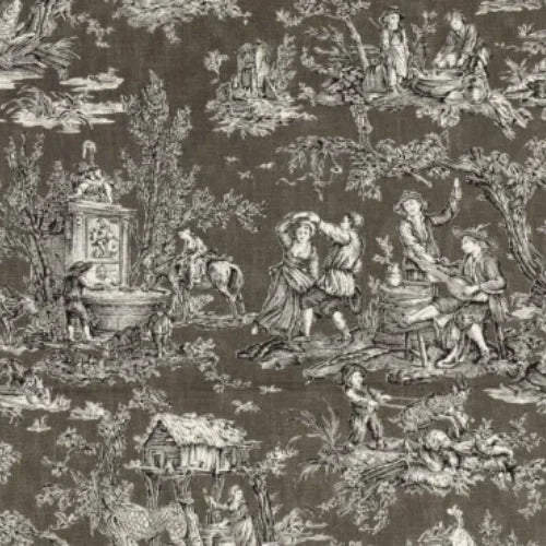 Vintage-style fabric pattern with classical scenes and figures on a brown background
Satin Coutances Négatif Printed Cotton, Noir