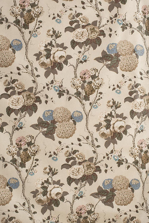 Hydrangea & Rose Fabric – 100% Cotton Chintz, Blue, Taupe / Tan