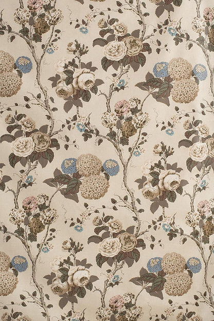 Hydrangea & Rose Fabric – 100% Cotton Chintz, Blue, Taupe / Tan