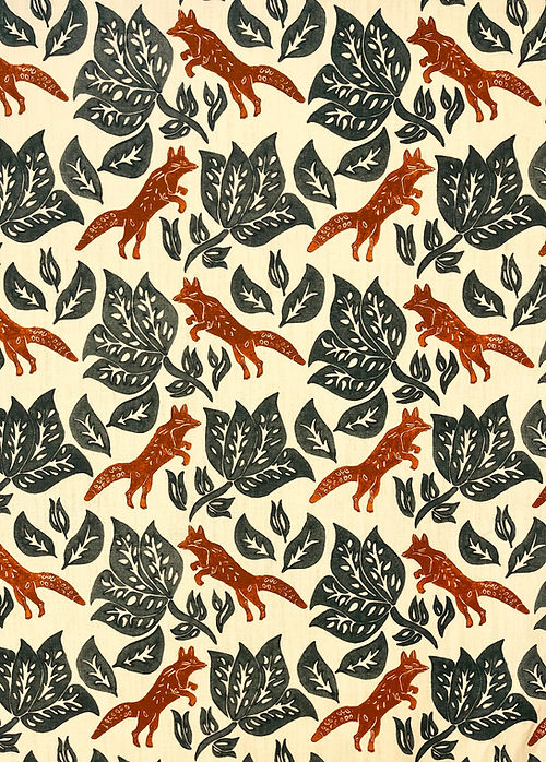 Foxy Linen Fabric – Woodland Fox Motif, Brown, Green, Orange / Spice