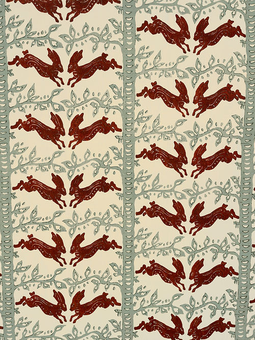 The Hare Linen Fabric – Classic Hare & Woodland Motif, Light Blue, Burgundy