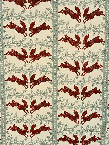 The Hare Linen Fabric – Classic Hare & Woodland Motif, Light Blue, Burgundy