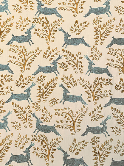 Deer Deer Linen Fabric – Classic Deer Motif, Blue, Gold