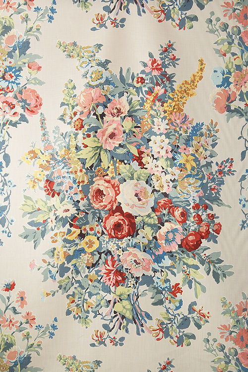 Apperley Bouquet Handblock Fabric, Blue, Yellow, Coral / Peach