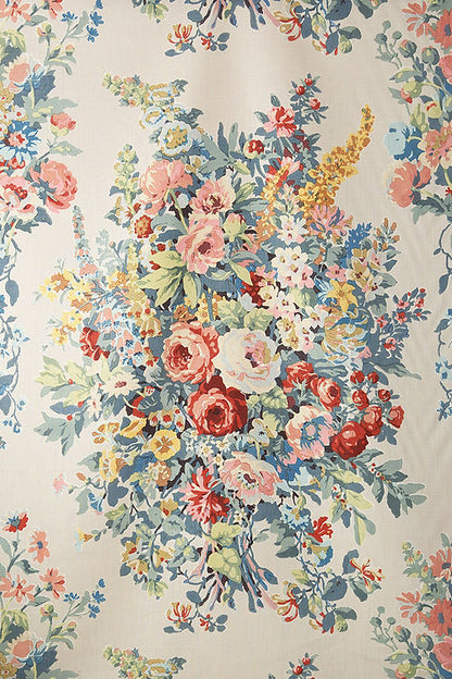 Apperley Bouquet Handblock Fabric, Blue, Yellow, Coral / Peach