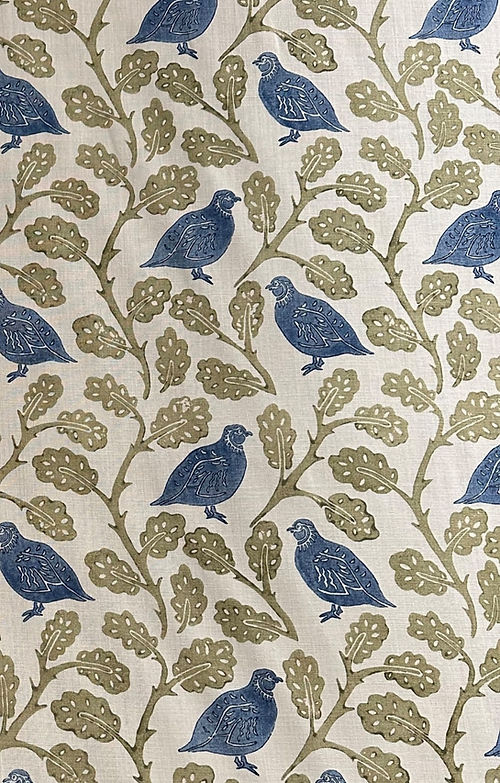 Penny Partridge Linen Fabric – Bird & Foliage Motif, Blue, Green