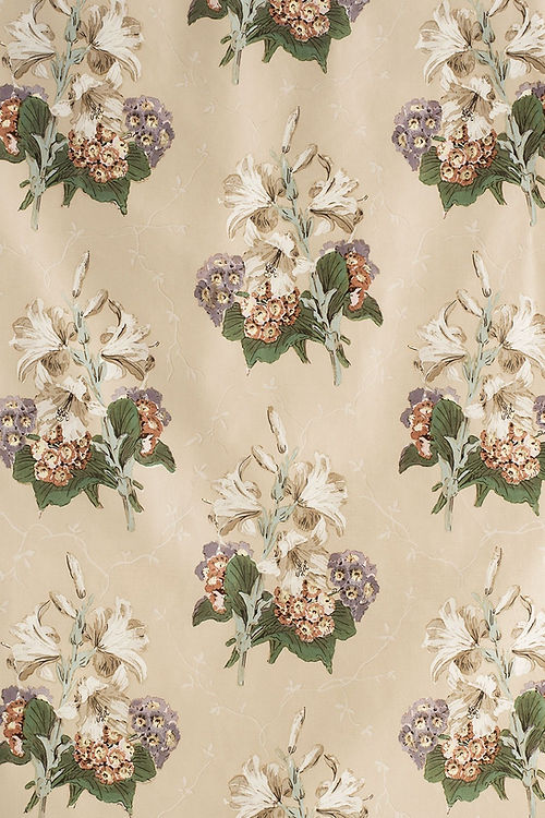Lily & Auricula Handblock Fabric – 100% Cotton Chintz, Lavender / Purple, Beige, Green, Coral / Peach